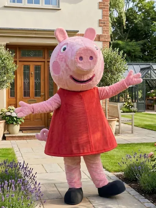 Peppa Wutz Charakter als Walk-Act für Kindergeburtstage und Familien-Events. Beliebte Schweine-Dame für unvergessliche Kinder-Momente in Lübeck und Hamburg.