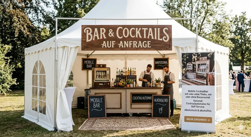 Mobile Cocktailbar mit professionellen Barkeepern für Hochzeiten, Firmenfeiern und Sommerfeste in Norddeutschland. Buchbar mit oder ohne DJ-Paket.